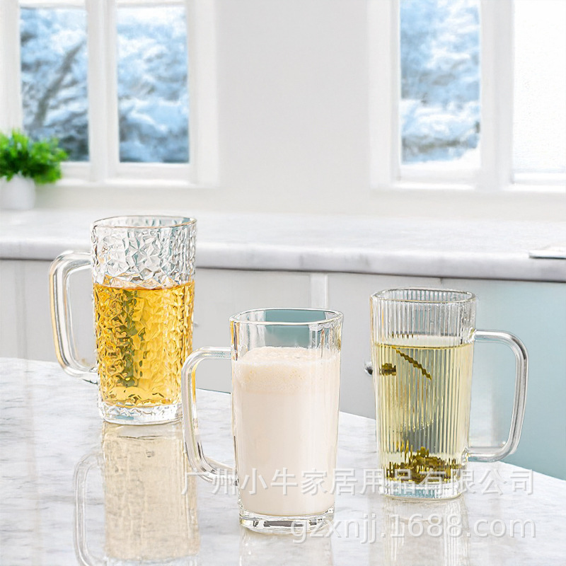 Simple style ins glass handle straight square cup, milk handle cup, beverage cup, milkshake cup, square hammer-patterned coffee cup Application Scenario