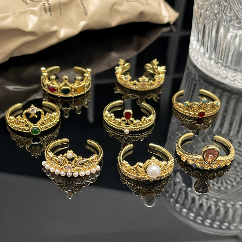 New Chinese-style retro palace lace crown fashion open ring, women's Instagram cold style, niche and versatile index finger ring Specification drawing