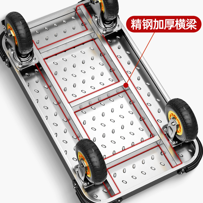 Steel plate trolley, silent hand-pushed and pulled goods handling cart, household flatbed cart, portable trailer, folding tool shopping cart Specification drawing