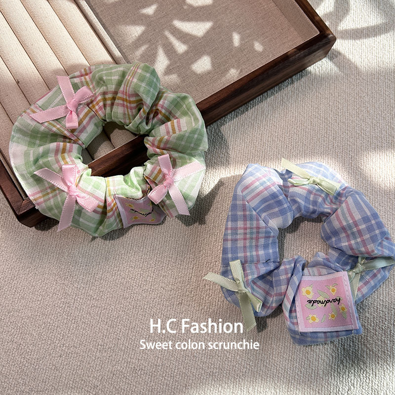 Summer Internet celebrity gentle Korean-style bow fabric large intestine circle check pattern elegant female hair band, ponytail hair tie hair accessory details Picture