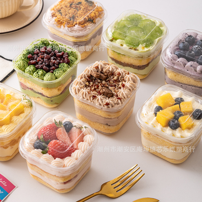 Square mousse cup tiramisu small cake packaging box, disposable transparent lid dessert packaging and baking box details Picture