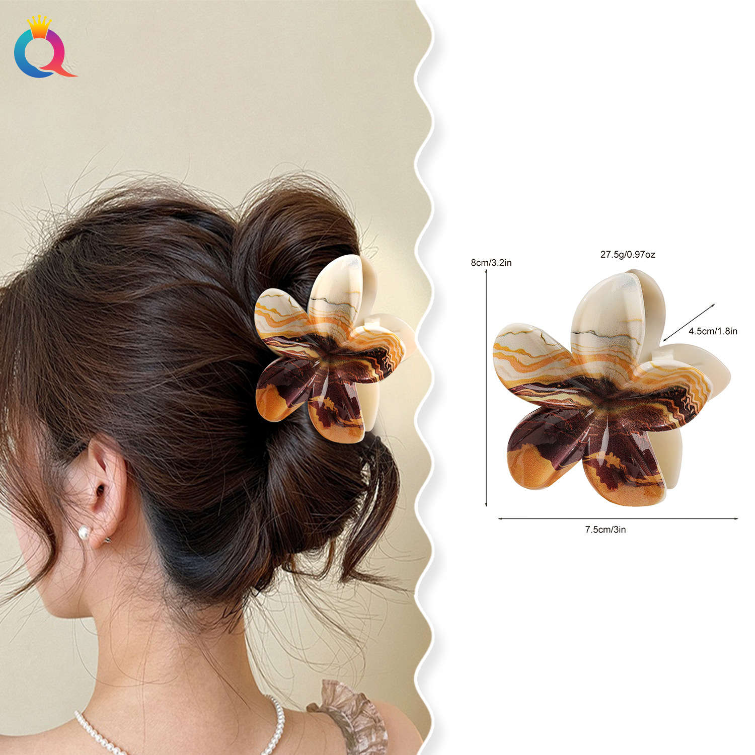 Qiyue Cross-border European and American UV printed Bauhinia flower hairpins, frellia flower shark clips, fashionable and creative flower grabbers wholesale Specification drawing