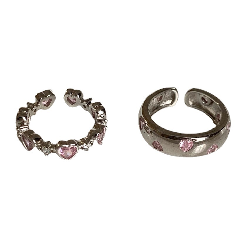 Sweet pink heart-shaped zircon ring, a fashionable, sweet and cool Instagram style with a cold and unique design, an open ring Item Picture