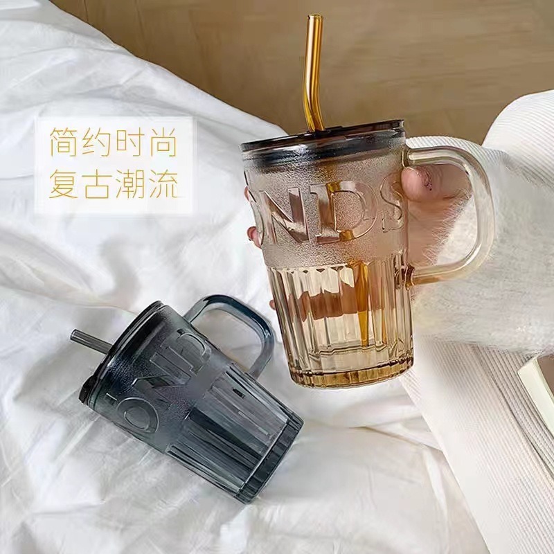 Wholesale of large-capacity, simple and personalized glass water cups with straws, thickened glass milk cups for boys and girls details Picture
