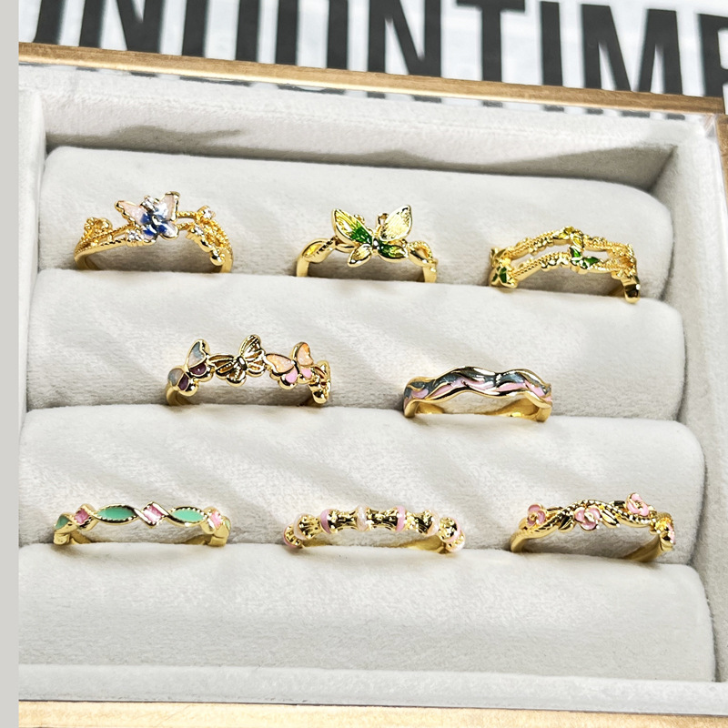 【 Spring Butterfly Language 】 Retro exquisite enamel drop glaze butterfly flower ring, a sweet and cool, niche and high-end ring for women details Picture