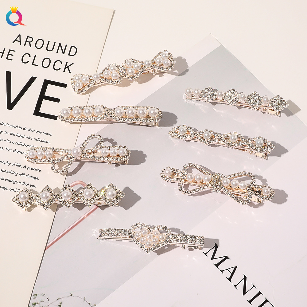 Qiyue Korean version hair accessories, water diamond hair clips, bangs clips, alloy fashionable pearl duckbill clips A92 full figure
