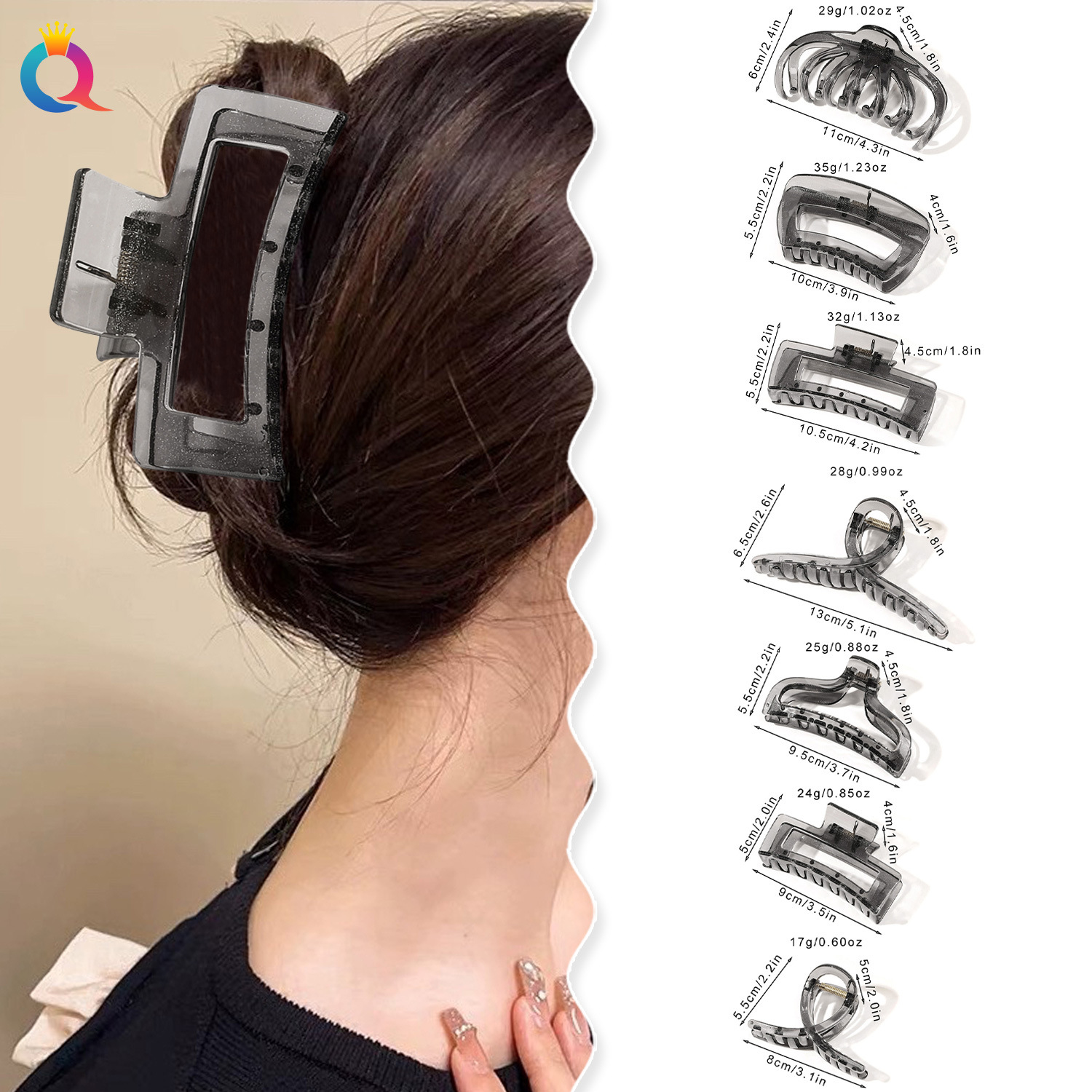 Qiyue Cross-border PC hair clips, high-end glitter grab clips, hair curls, shark clips, semi-tied hair, women's hair grabs and hair accessories wholesale details Picture