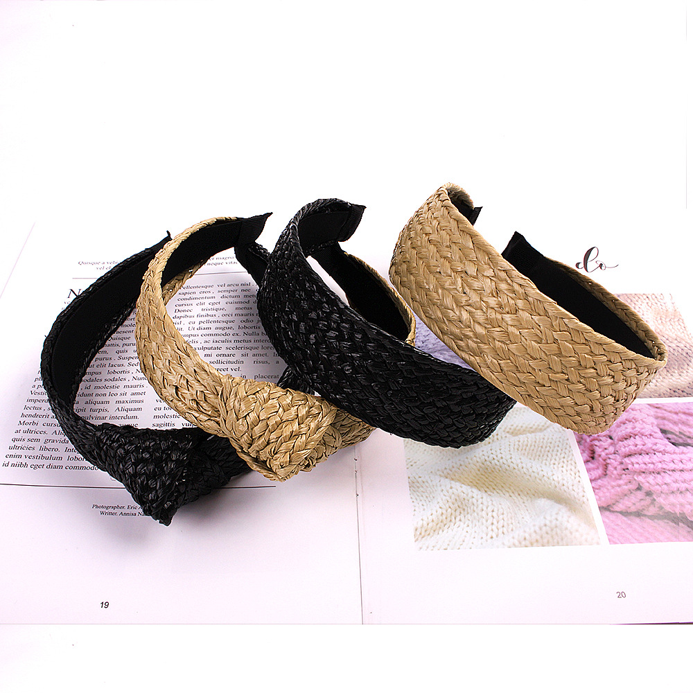 Qiyue Korean version fashionable and elegant straw-woven Lafite headband, hairpin headwear, European and American simple wide edge fresh knot hairband details Picture