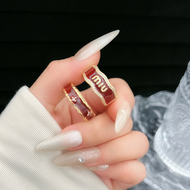 New Year's style niche design wine red drip glaze letter open ring, fashionable and versatile ring for women's zodiac year full figure