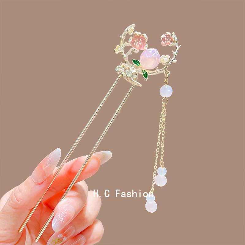 Ancient-style tassel metal hairpins, oil-dripping flower-shaped U-shaped hairpins, new Chinese-style high-end updo hairpin accessories Specification drawing