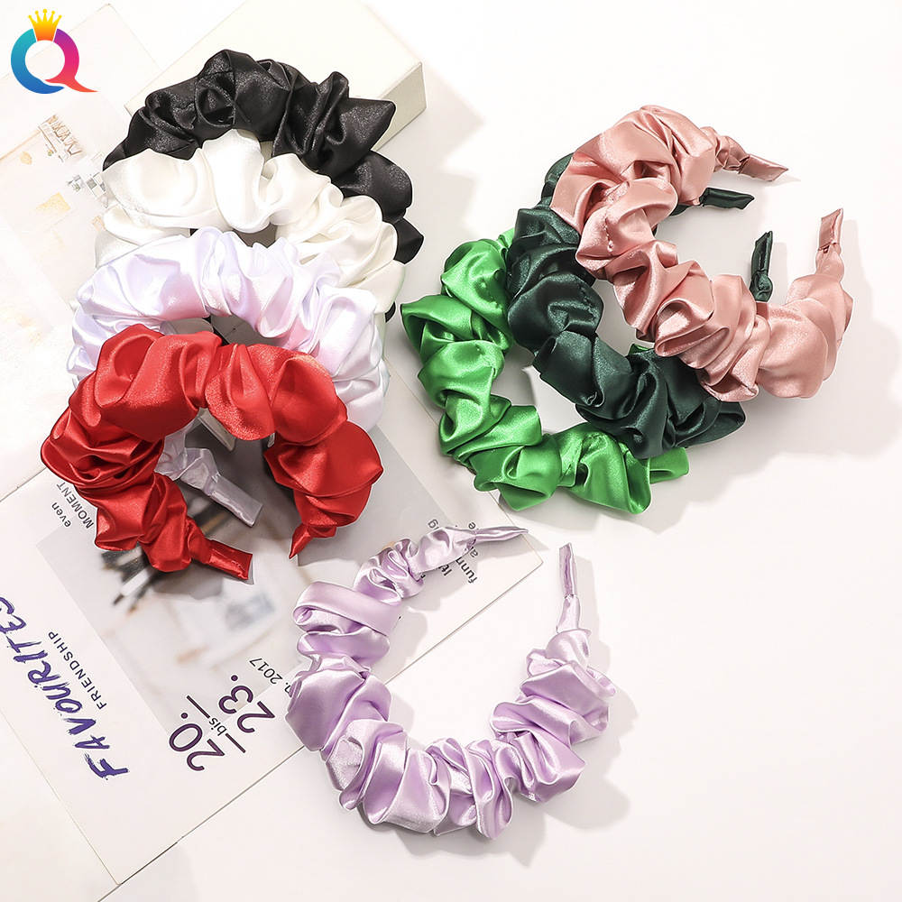 Qiyue Korean Large Intestine pleated hairband, versatile silk-like solid color satin headband, simple and retro hairpin headwear details Picture