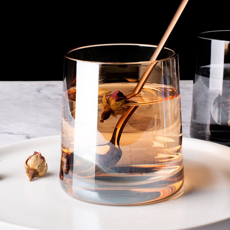 Colorful ion-plated whisky wine glasses, household glass cups, InS-style heat-resistant water cups, high appearance level breakfast milk cups Specification drawing