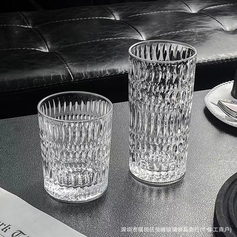 Embossed glass cups, retro high-end whisky wine glasses, household water cups, juice cups, high-end light luxury beer wine glasses details Picture