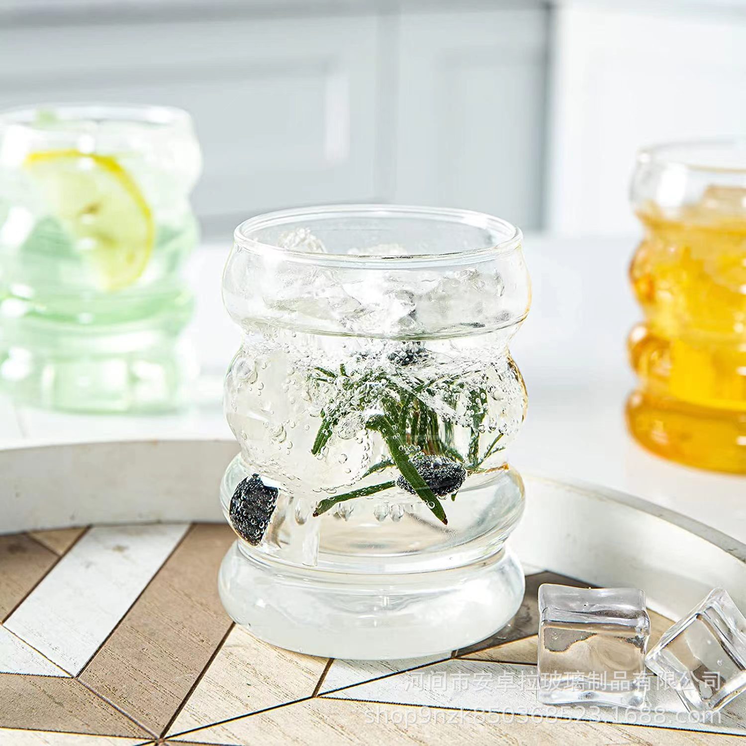 Customized corrugated straw glass cup set, home high-temperature resistant milk beverage coffee cup, caterpillar cup details Picture