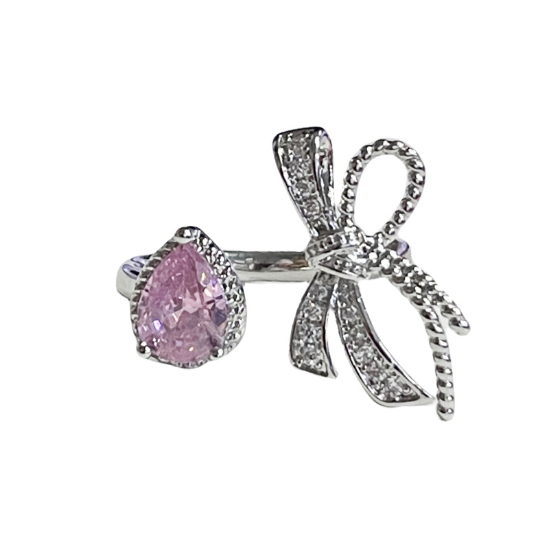 Sweet and cool light luxury bow pink diamond heart-shaped opening ring, a cold and elegant feminine style, high-end and niche style, index finger ring trend Item Picture