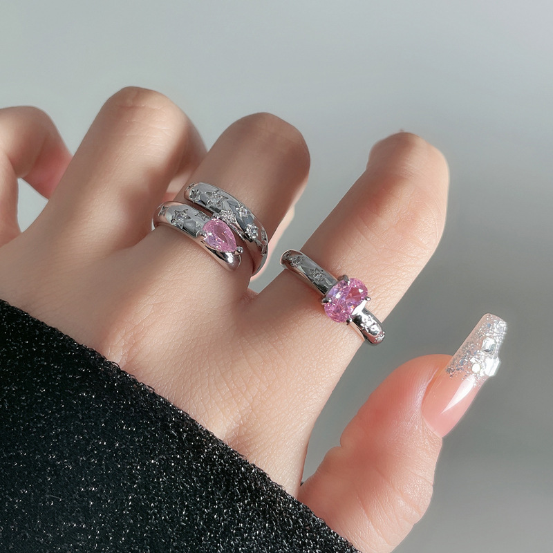 Light luxury starry sky pink diamond, versatile and elegant open ring, women's Instagram cold style double-layer sweet and cool geometric index finger ring details Picture