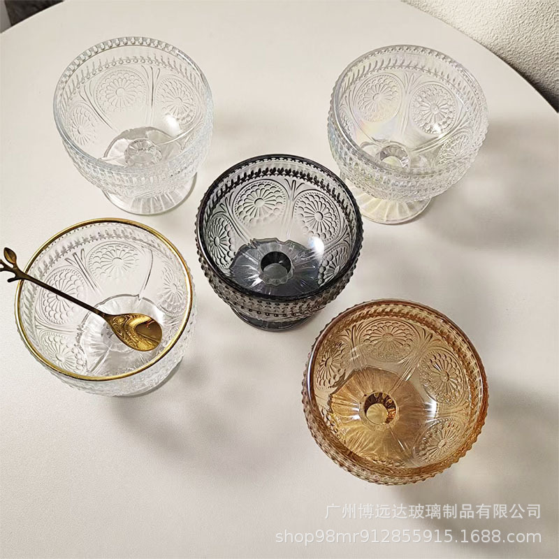 ins retro embossed sunflower ice cream cup, dessert cup, glass high leg ice cream cup, milkshake shaved ice yogurt bowl Specification drawing