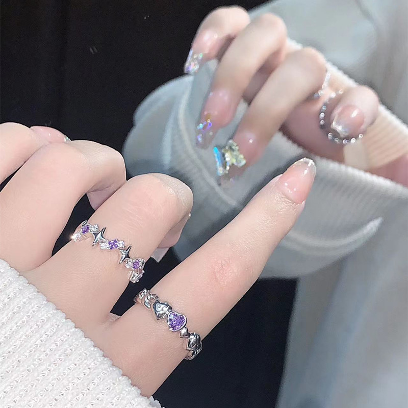 Dreamy starry sky Open ring for women, sweet and cool style, niche design, light luxury heart-shaped four-pointed star personalized food ring full figure
