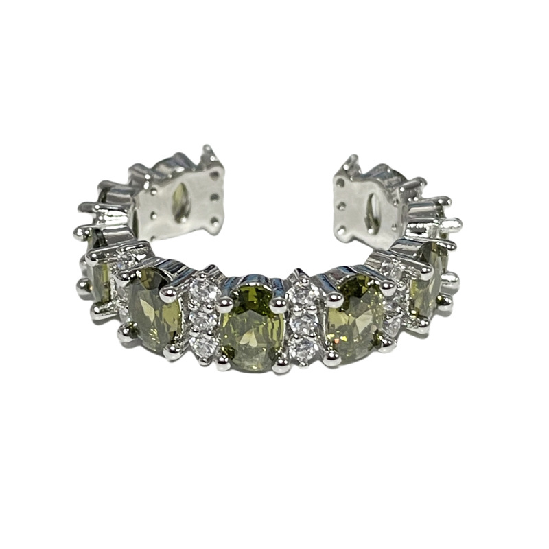 French exquisite olive green zircon full diamond open ring, a unique design for women's couple rings, sweet and cool light luxury accessories Item Picture
