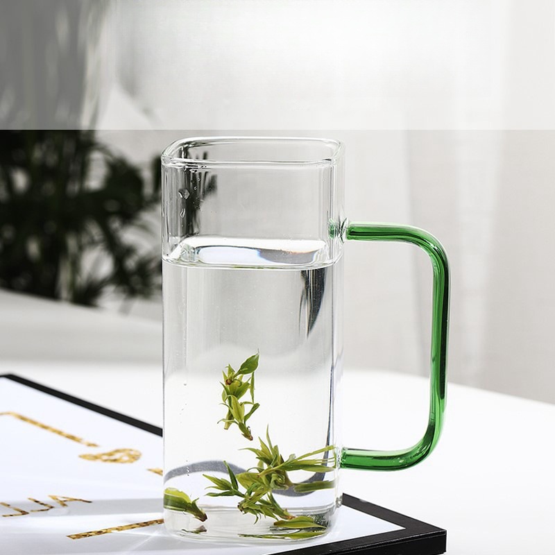Square mouth colored glass single-layer cup, high borosilicate glass juice drink cup, high-temperature resistant glass green tea cup, glass cup Specification drawing