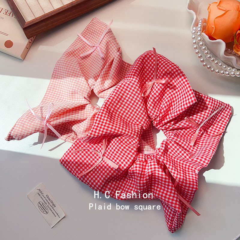 Sweet and cute checkered bow large intestine hair band, niche design sense, elegant Korean-style ponytail leather band, versatile hair tie details Picture