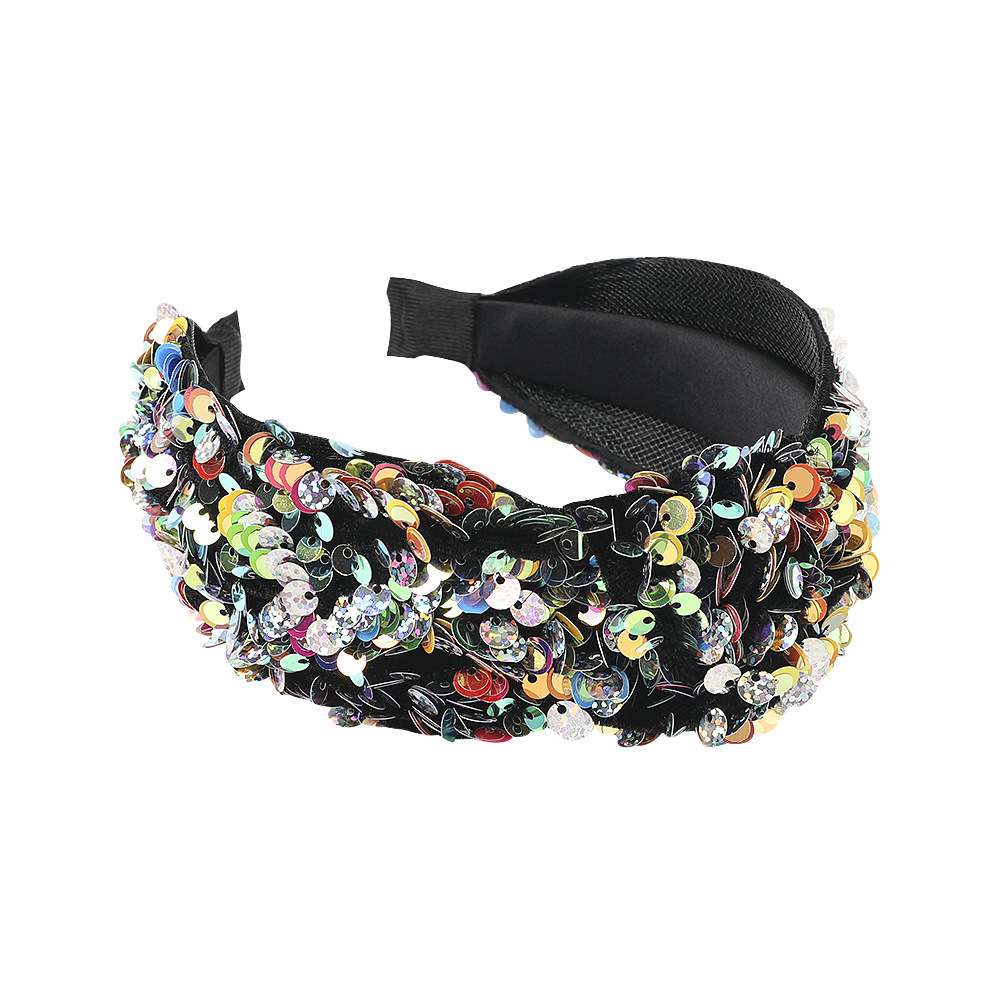 Qiyue Amazon European and American cross-border sequin knotted headbands, women's fish scale seven-color wide-edge headbands and headwear wholesale Item Picture