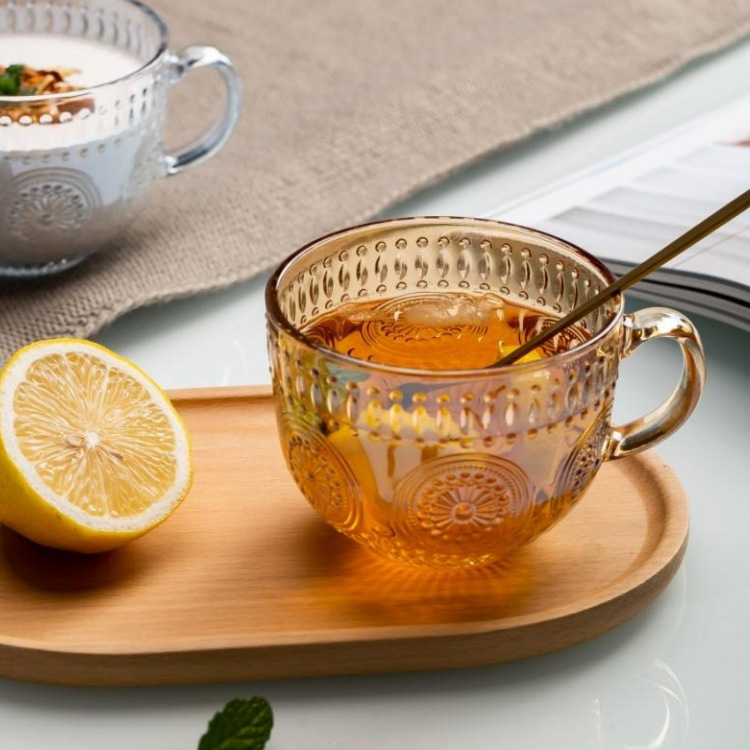 Green apple creative relief engraved household breakfast cup, glass coffee cup, milk tea cup, oat cup, milk cup Specification drawing