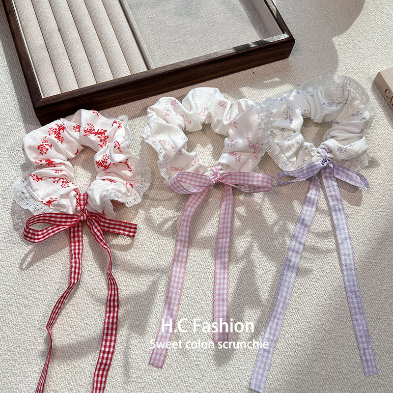 New lace-trimmed large intestine hair band, floral bow, ribbon, school-style hair tie, elegant fairy leather band hair accessory details Picture