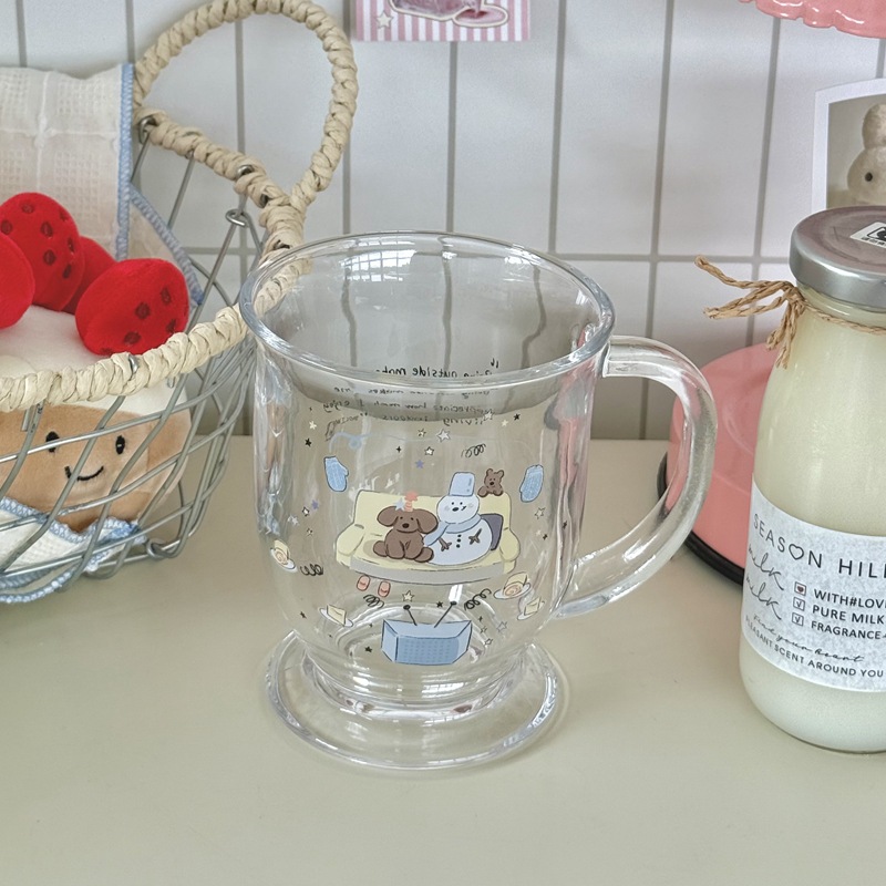 Ins-style glass water cup, Christmas snowman cup with handle, large-capacity glass cup, dessert bear glass cup details Picture