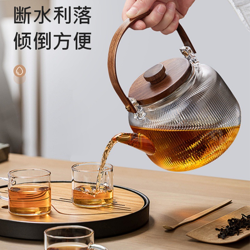High-temperature resistant flower and plant teapot set, fruit boiling teapot, household steaming and boiling integrated wooden handle, glass vertical grain brewing teapot details Picture