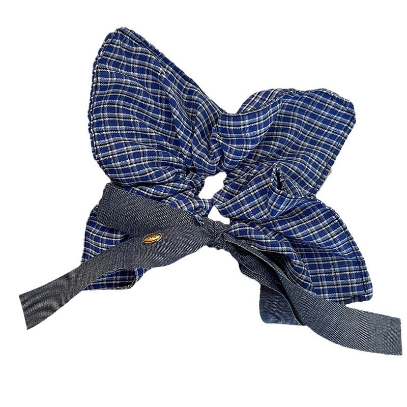 Korean-style blue checkered square scarf, large intestine hair band, Korean-style bow, elegant square hair tie, low ponytail bun hair accessory Item Picture