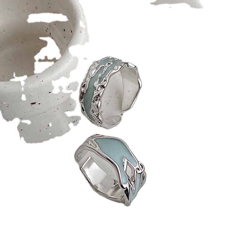 Mint-colored drip glaze irregular texture open ring for women's ins, cold style, niche design, high-end feel ring Item Picture