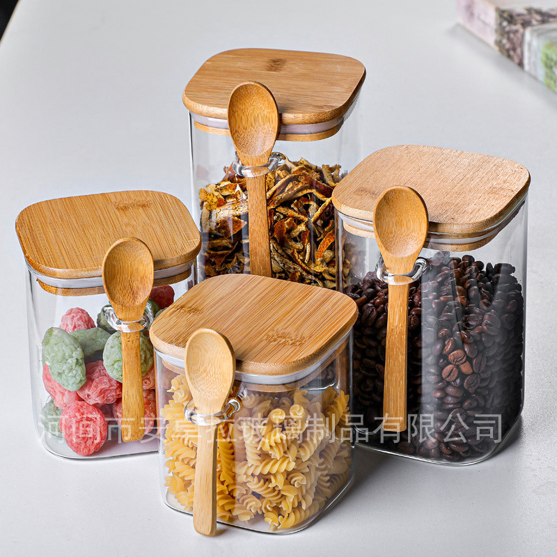 Wholesale square glass sealed jars, creative storage jars with spoons, seasoning, food, dried fruit storage bottles, tea cans details Picture