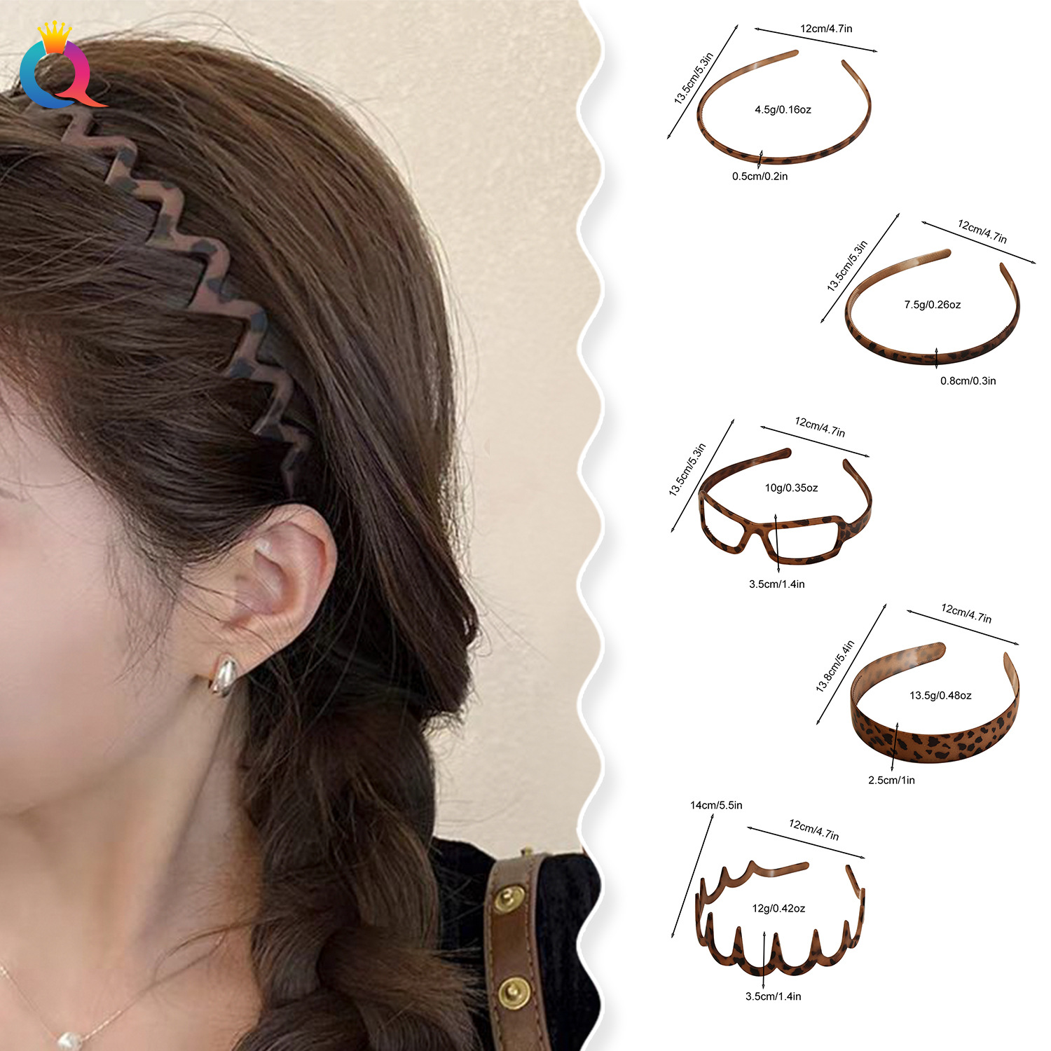 Qiyue matte coffee-colored leopard print hairband, simple plastic toothed wavy pressure hairband, retro high skull top facial cleansing hairband Specification drawing