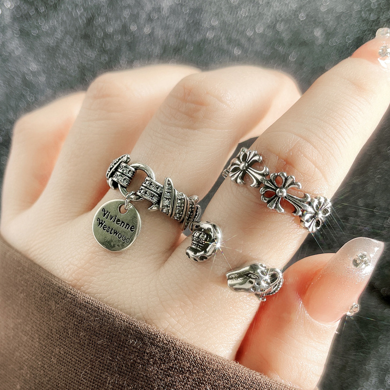 Retro aged and fashionable texture cross-flower plain ring open ring for women Saturn pendant, unique, simple and versatile ring Specification drawing