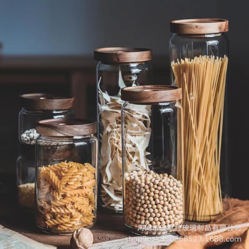 Customized acacia wood lid glass sealed jar, coffee bean storage jar, kitchen grain and seasoning storage jar details Picture