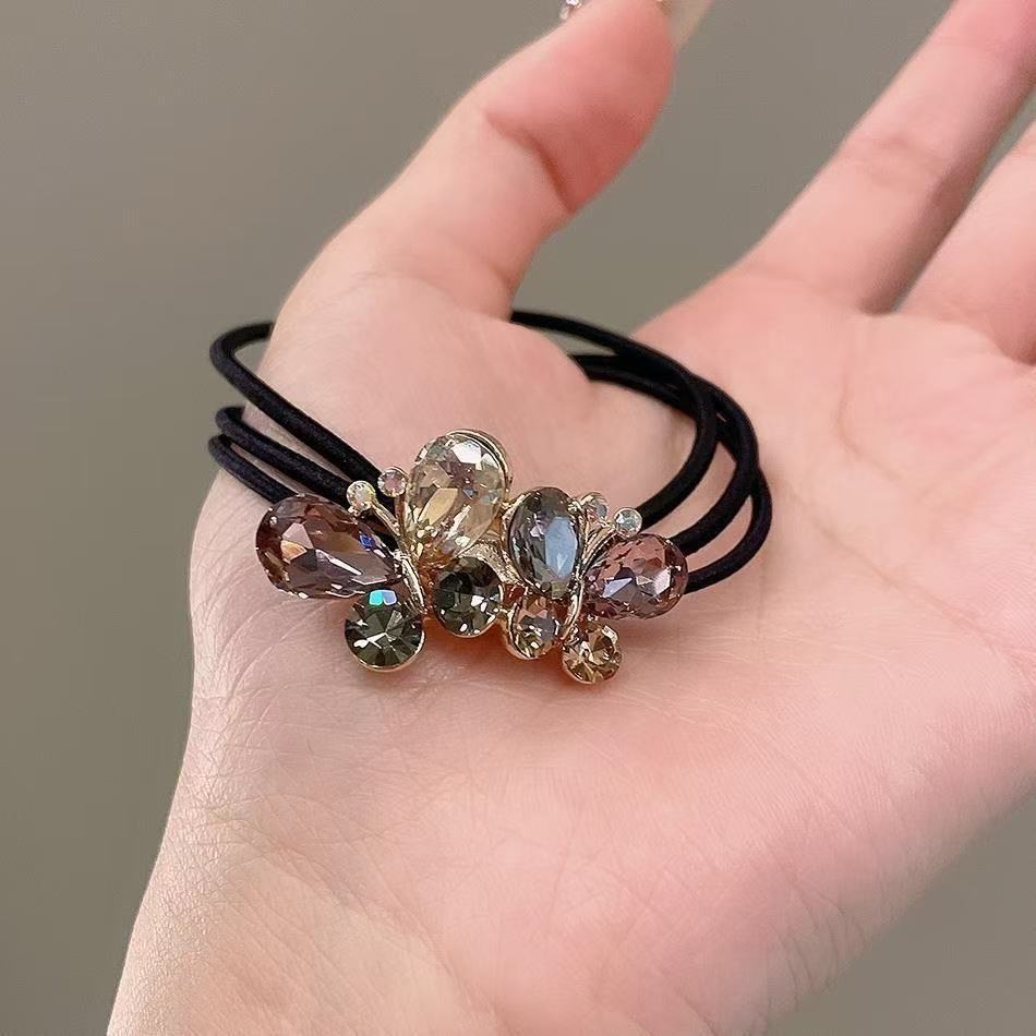 New Korean-style water diamond bow, high-end hair tie, women's semi-tied hair accessory, bun hairstyle, leather band hair tie Application Scenario