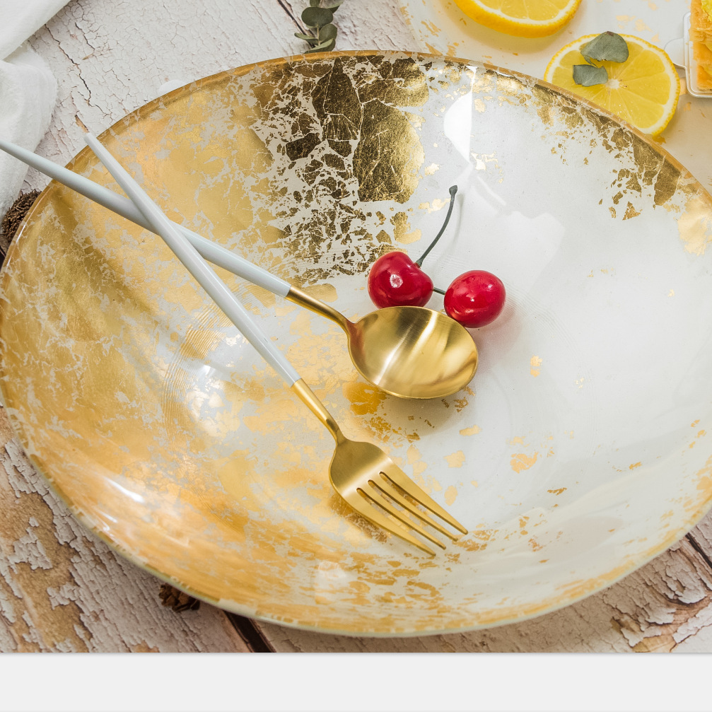 Turkish gold-rimmed glass plates, InS-style model room display plates, pasta, steak, pastry plates, Western plates details Picture