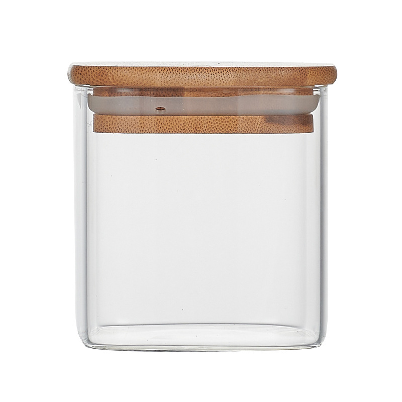 Factory direct supply glass storage jars, square kitchen five-grain storage jars, bamboo and wood LIDS, sealed tea jars Item Picture