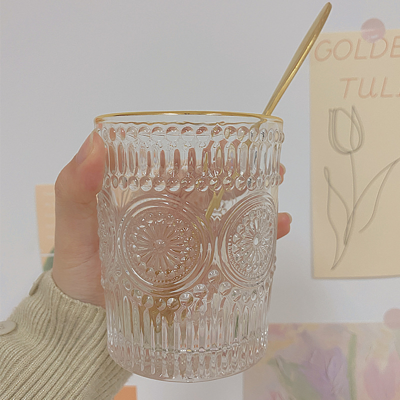 Nordic ins embossed golden edge glass cup, retro sunflower water cup, breakfast milk tea cup, gift printed logo Specification drawing
