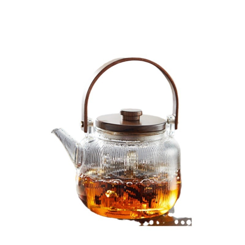 High-temperature resistant flower and plant teapot set, fruit boiling teapot, household steaming and boiling integrated wooden handle, glass vertical grain brewing teapot Item Picture