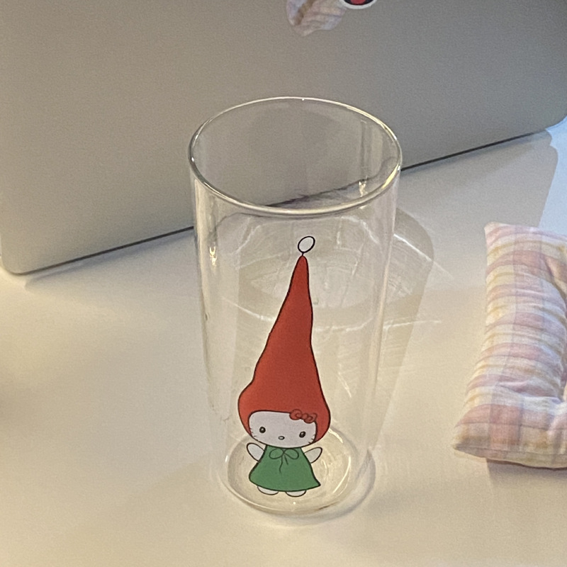 Creative cartoon hand-drawn kt cat high borosilicate glass cup, cute pointed hat, little cat water cup, juice cup, heat-resistant Application Scenario
