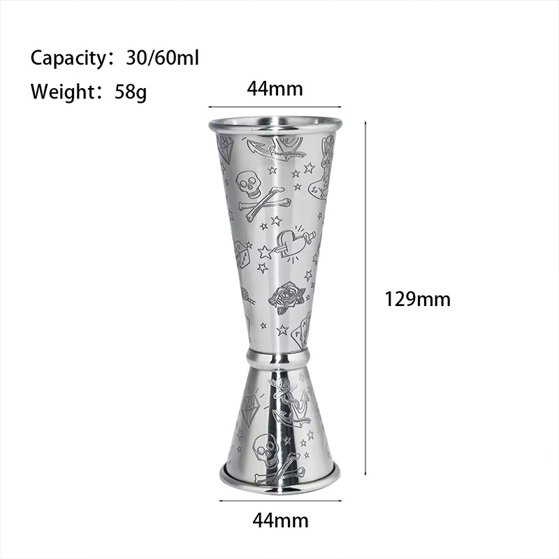 304 stainless steel measuring cup, ANSI cup, double-head wine measuring device, etched pattern, 30/60 rolled edge, slanted body, wine glass mixing tool Item Picture