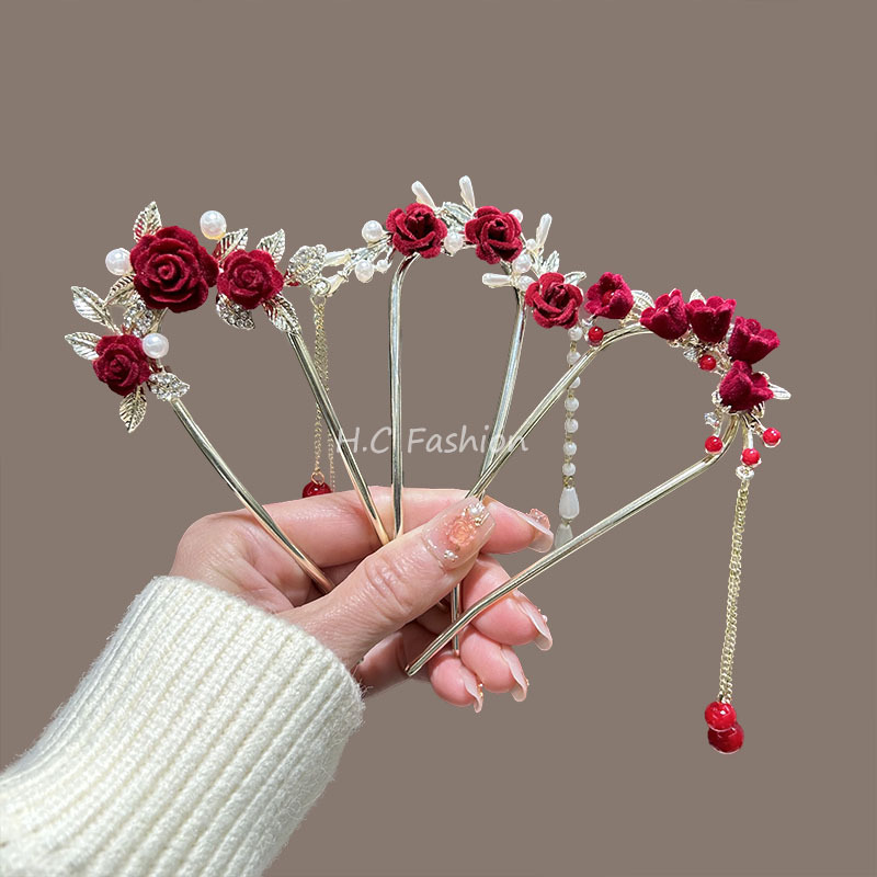 New Chinese-style hairpin with red rose flocking, a high-end female look, a new ancient-style tassel hairpin, a new updo hairpin headwear details Picture
