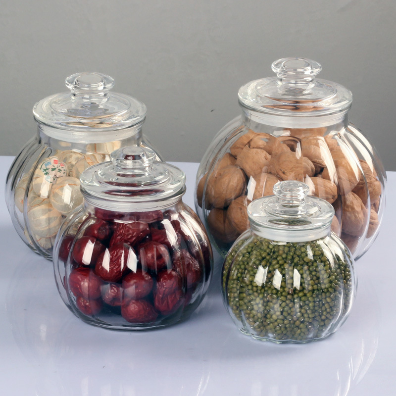 Sealed jars, food-grade glass jars, small pumpkin-shaped jars, tea jars, moisture-proof storage bottles, honey and lemon storage jars full figure