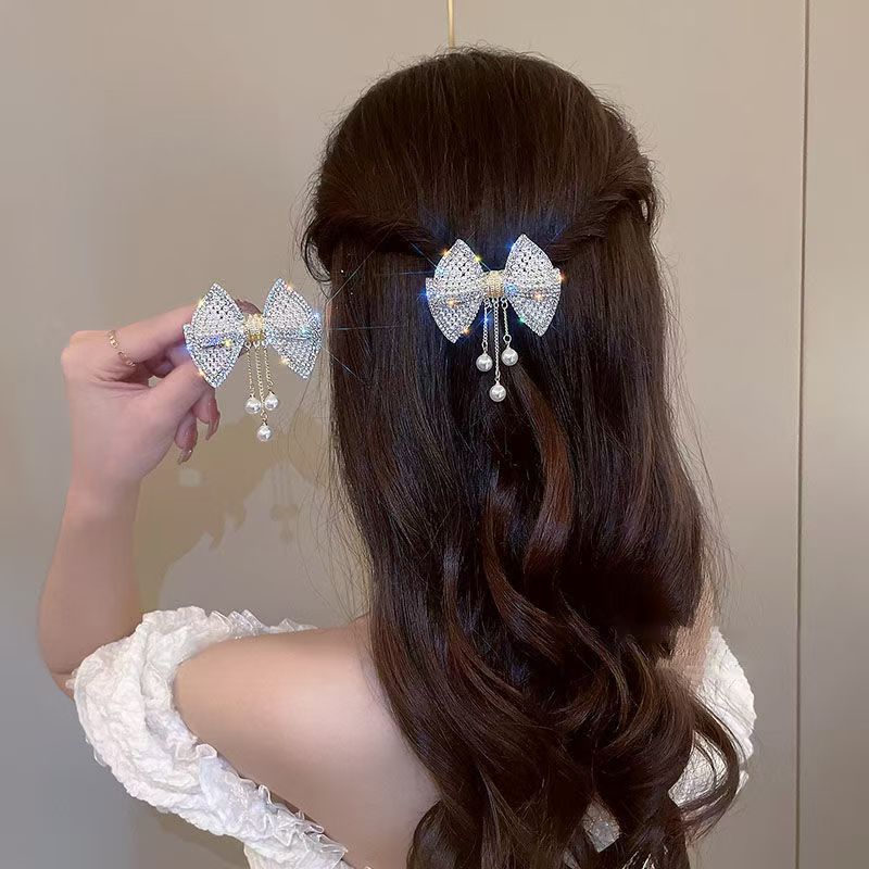 Bow tassel pearl clip headwear, half clip on the back of the girl's head, versatile spring hair clip, try the elegant hair clip details Picture