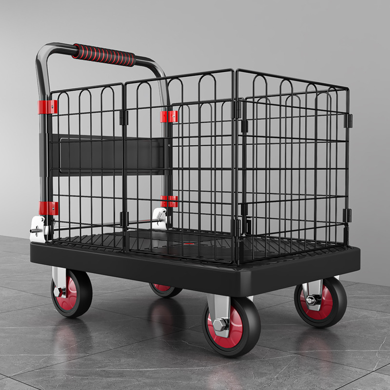 Fenced flatbed cart, folding silent handcart, household cargo trolley, four-wheel small trailer, small pull cart details Picture