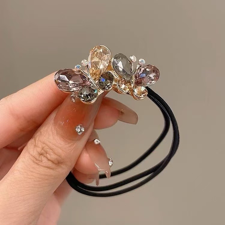 New Korean-style water diamond bow, high-end hair tie, women's semi-tied hair accessory, bun hairstyle, leather band hair tie details Picture