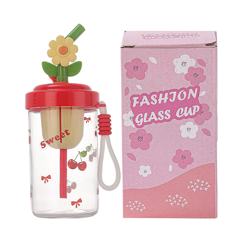 Wholesale flower tea cups, straw cups, juice cups, cold brew glass tea cups, lemonade, portable tea cups for girls to travel with Item Picture