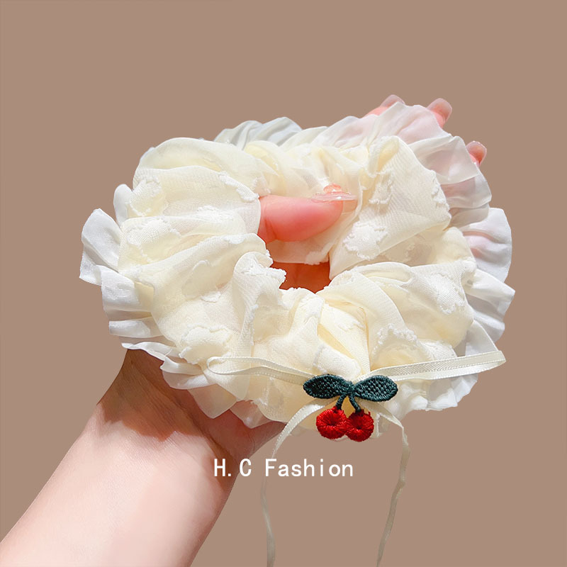 Cherry lace cream white large intestine hair band, Korean-style ins high-end look, bun hairstyle, oversized hair tie and hair accessory Application Scenario
